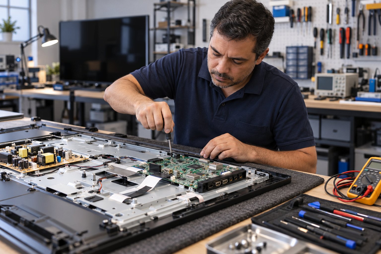 Técnico realizando o reparo de uma TV na bancada de trabalho